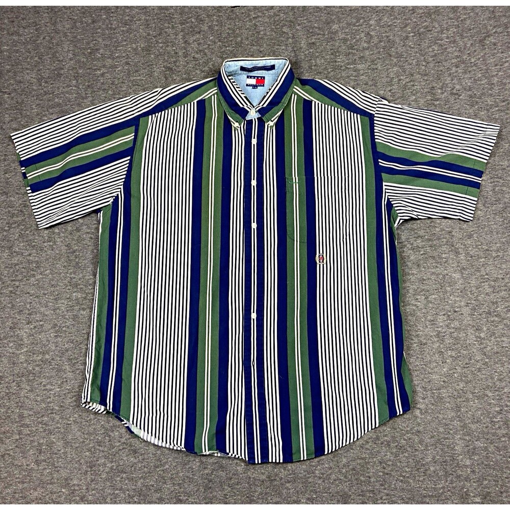 Tommy Hilfiger Shirt Mens L Blue Green Vertical Striped Short Sleeve Button VTG